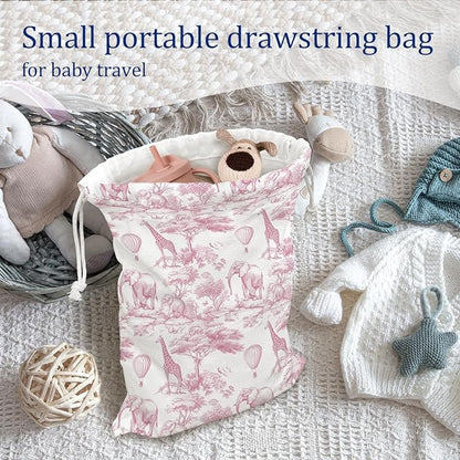DSHFG Light Pink Drawstring Birthday Gift Bags, Safari Toile Chinoiserie Animals Baby Shower Drawstring Gift Bags Canvas, Pink and White Small Happy Birthday Bag, Gifts for Women, 10x13 Inch