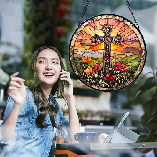 Christian Gifts for Women - Cross Stained Glass Window Hanging Jesus Easter Poppy Sunset Landscape Sun Catcher Garden Religion Decor Mother's Day Catholic Gift for Men Grandma Mom Her 11.8"