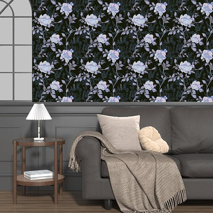 Black White Blue Floral Peel and Stick Wallpaper Flowers Contact Paper 17.5"x118" Self Adhesive Waterproof Vintage Dark Floral Wall Paper for Shelf Liner Cabinet Decor