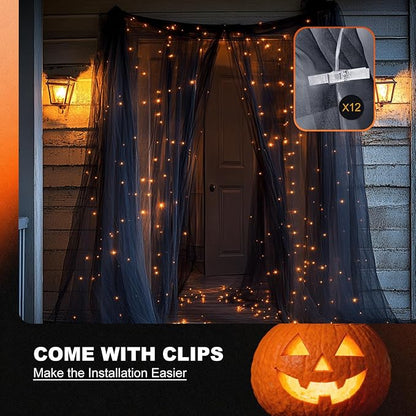 Tulle Curtain Backdrop with 300 LED Fairy Lights for Parites Wrinkle-Free Sheer Curtain Drapes Photo Back Drop for Wedding Baby Shower Bridal Shower Birthday Dance Home Décor- 10ft×10ft, Black