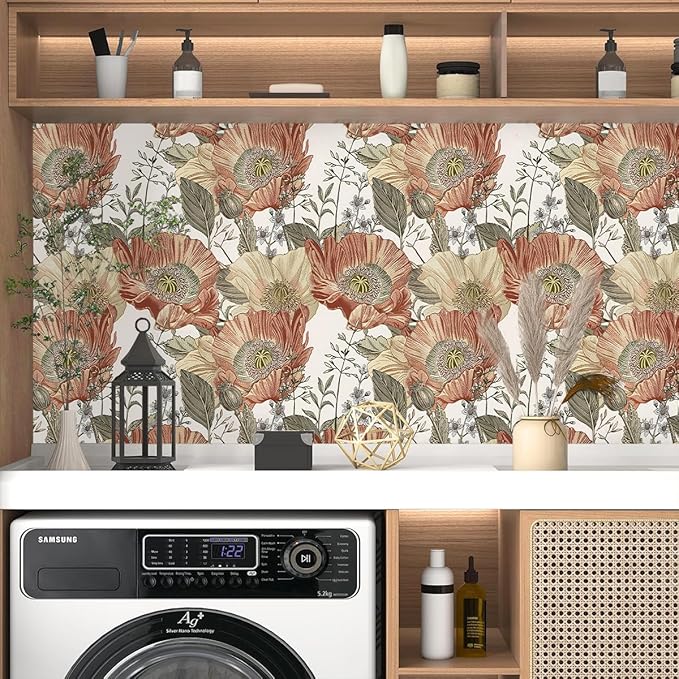 Livebor Floral Wallpaper Peel and Stick Boho Large Floral Peel and Stick Wallpaper Vintage Multicolor Flower Contact Paper 17.7'' x 196.8'' Self Adhesive Wall Paper for Bathroom Wall Covering Decor