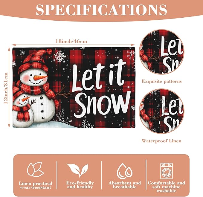 Christmas Snowman Placemats Set of 4 Let It Snow Table Mats Linen Place Mats for Dining Kitchen Country Camp Farmhouse Decor 12x18 Inch