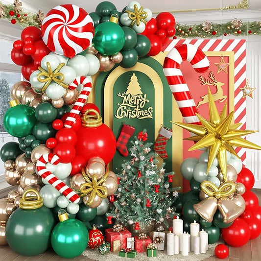 Christmas Balloons Garland Arch Kit, Red Dark Green Gold Metallic Balloons Candy Cane Star Foil Mylar Balloons for Winter Xmas Merry Christmas Baby Shower Ugly Sweater Birthday Party Decorations