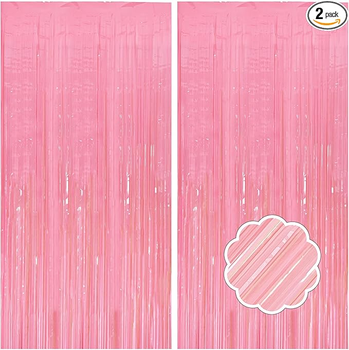 2 Pack Pastel Pink Streamers Pink Foil Fringe Curtains Tinsel Backdrop Birthday Decorations Light Pink Backdrop Halloween Baby Shower Valentines Wedding Princess Party Decorations
