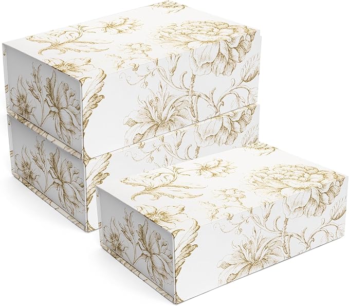 Luxury Keepsake Gift Box 3-Pack | Gold Floral Decorative Boxes with Magnetic Lids for Presents, Wedding Memory Box, and Bridal Gifts. 11.5" x 7.5" x 3.5"