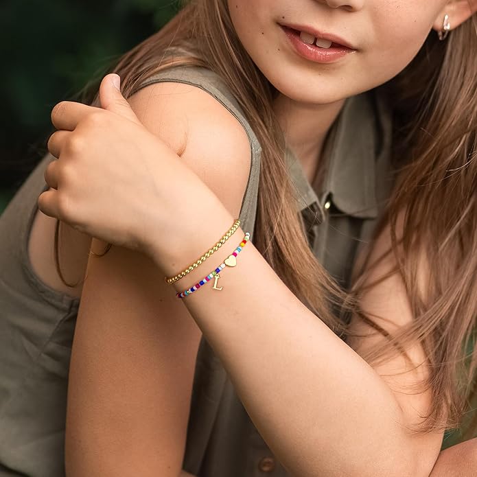 Ritach Christmas Gifts for Teens Girls Kids - 2PCS Colorful Heart Initial Bracelet Stackable Real Gold Plated Stretchable Beaded Bracelets for Teen Girls Kids Birthday Gifts Stocking Stuffers
