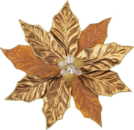 Hollyone 3PCS Poinsettia Christmas Flowers Artificial 11" Large Bronze Glitter Poinsettia Flowers Christmas Tree Ornaments Floral Picks for Tree Wreath Garland Vase Table Centerpiece Home Decor