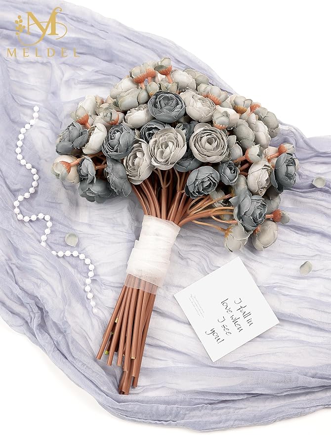 Meldel 32Pcs Ranunculus Artificial Flower, Dusty Blue Mini Rose Faux Ranunculus Flowers for DIY Bouquet, Bulk Fake Peony Wedding Filler Flowers for Centerpieces Arrangements Bridal Shower Decorations