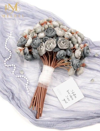 Meldel 32Pcs Ranunculus Artificial Flower, Dusty Blue Mini Rose Faux Ranunculus Flowers for DIY Bouquet, Bulk Fake Peony Wedding Filler Flowers for Centerpieces Arrangements Bridal Shower Decorations