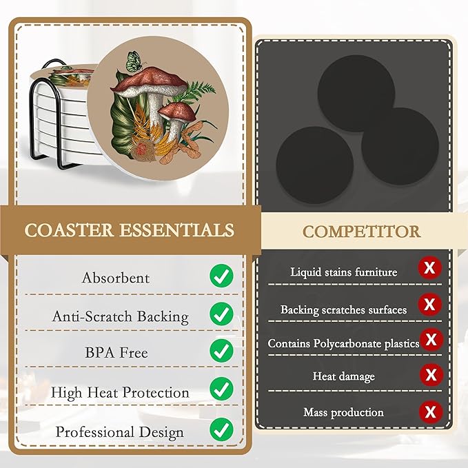 Drink Coasters Set of 6,Mushroom Coffee Cup Mat with Storage Holder, Durable Ceramic Coaster Set for Hot & Cold Beverages