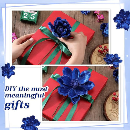 20 Pcs Christmas Glitter Poinsettia Magnolia Flowers Ornaments Large Heads Artificial Magnolia Flowers for Christmas Tree Xmas Wreath Holiday Wedding Decor(Dark Blue)