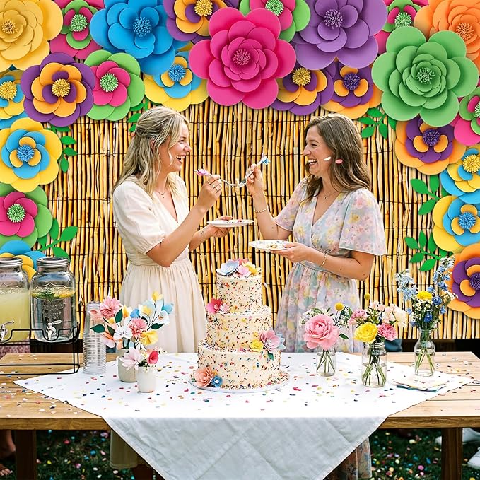 Frienda 36 Pcs DIY Paper Flower Decor Set with 83x59 Inch Custom Background Cloth and Rope, Artificial 3D Flower Wall Decor for Wall Bulletin Board Wedding Halloween Mexican Festive Party (Reed)