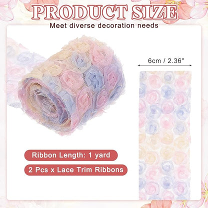 uxcell 2PCS Lace Trim Ribbon, 2.36 inch - 1 Yard 3D Rose Floral Embroidery Ribbons Edge Trimming for Sewing, Wedding Dress, DIY Crafts, Decoration Accessories, Color Pink