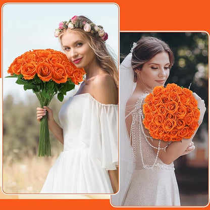 36 Pcs Orange Artificial Roses with Long Stems, Fake Silk Rose Artificial Flowers Bulk for Bridal Wedding Bouquet Centerpiece Ball Arrangement Party Decor