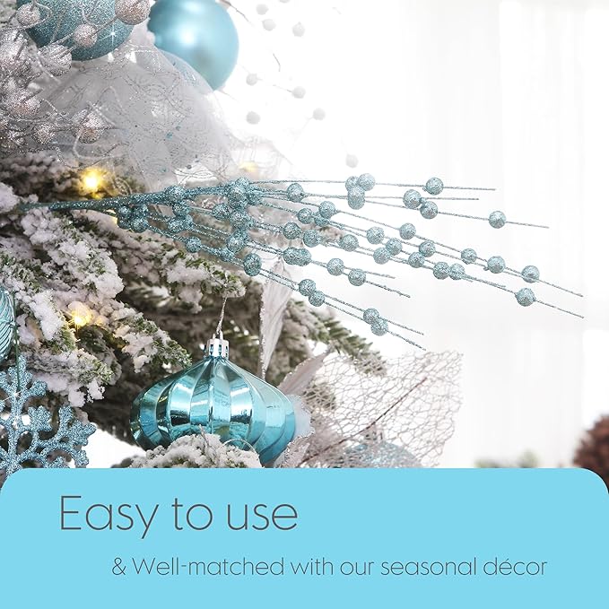 Sea Team 24-Pack Artificial Glitter Berry Stem Ornaments, Decorative Bead Sticks, Glittery Twigs, Picks, Branches for Christmas Tree, Small Vase, Holiday, Wedding, Party (17 Inches, Babyblue)