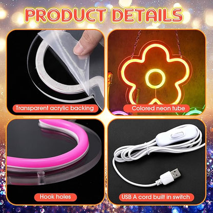 Baquler 3 Pcs Flower Neon Sign Light up Flower Sign Retro Neon LED Lights USB Powered for Wall Decor Window Bedroom Home Girls Birthday Christmas Party Decoration, 9 x 9 Inches(Bright)