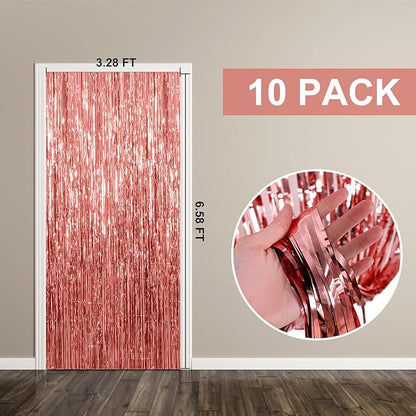 10 Pack Foil Curtain Backdrop Rose Gold Metallic Tinsel Foil Fringe Curtains Photo Booth Props for Birthday Wedding Engagement Baby Shower Bachelorette Christmas Holiday Celebration Party Decorations