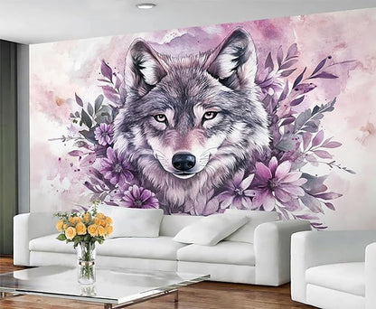 Wolf with Floral Watercolor Wall Mural, Purple Wolf Watercolor Art 3D Wall Murals, Art Flower Painting Wallpaper Mural, for Living Room Bedroom Large Wallpaper Indoor Decor 98.4" W x68.9 H