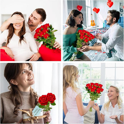 Wondrus Bulk Artificial Flowers 50 PCS, Fake Velvet Silk Red Roses with Long Stems Realistic Bouquet for Wedding Centerpieces, Faux Arrangement for Home Table Decor