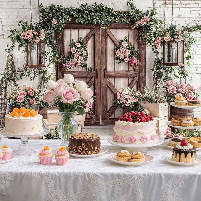 9x6ft Country Wedding Photography Backdrop Floral Rustic Roses Farmhouse Wooden Door Backdrop Pink Flower Birthday Baby Shower Wedding Bridal Party Banner Photo Booth Props Anniversary Background