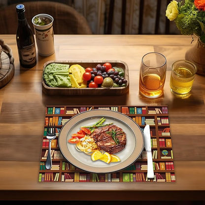 Library Book Shelf Placemats Set of 4, Linen Place Mats Heat Resistant Non-Slip Washable Table Mats for Dining Kitchen Party Decor 12"x18"