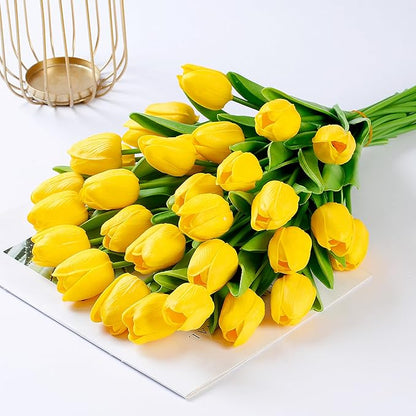 Sggvecsy 15 Pcs Fake Tulips Artificial Flowers Real Touch PU Faux Flowers Tulip Stems for Wedding Spring Bouquet Floral Arrangement Home Party Office Decorations for Mother's Day (Dark Yellow)