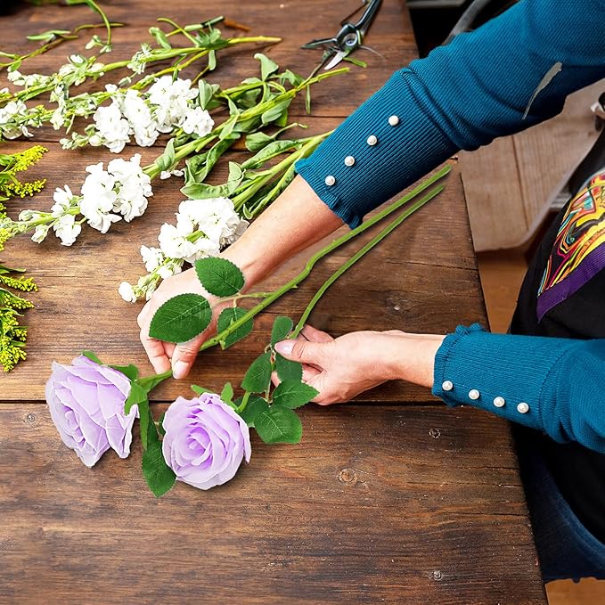 Purple Artificial Roses with Long Stems, 12Pcs Realistic Roses Artificial Flowers, Faux Roses | Bulk Fake Flowers for Home Decor, Wedding Party Table Centerpieces, DIY Bouquet