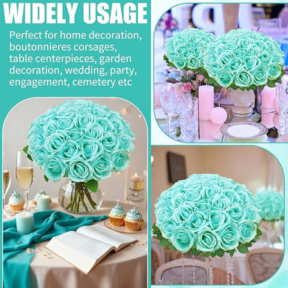 36 Pcs Turquoise Artificial Roses with Long Stems, Fake Silk Rose Artificial Flowers Bulk for Bridal Wedding Bouquet Centerpiece Ball Arrangement Party Decor