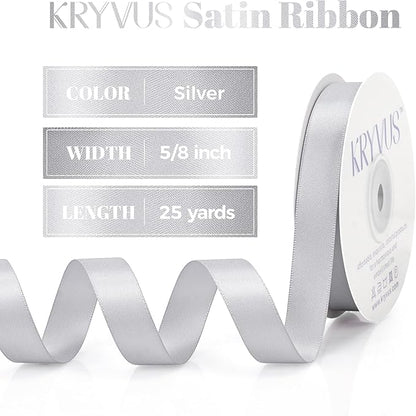 Silver Satin Ribbon, Double Faced 5/8 Inch X 25 Yards Silver Ribbon, Premium Satin Ribbon for Gift Wrapping, Crafts, Hair Bow Making, Sewing, Flower Bouquet, Wedding Party Decor