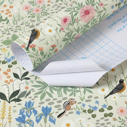 Heroad Floral Peel and Stick Wallpaper Light Green Wallpaper Boho French Country Contact Paper Cat Birds Removable Self-Adhesive Wall Paper for Bedroom Kitchen Cabinets Decoration Vinyl 17.3”x78.7”