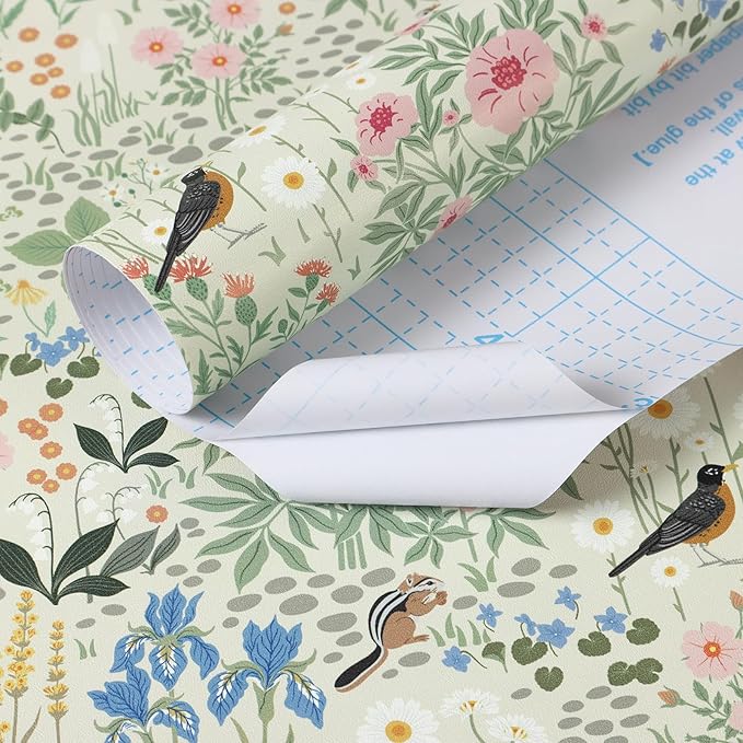 Heroad Floral Peel and Stick Wallpaper Light Green Wallpaper Boho French Country Contact Paper Cat Birds Removable Self-Adhesive Wall Paper for Bedroom Kitchen Cabinets Decoration Vinyl 17.3”x393”