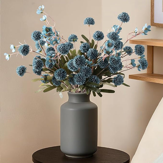 HyeFlora Fake Kiku Flowers,Faux Silk Pompon Mums 40heads Artificial Flowers,Chrysanthemum Stems Floral Arrangement Dried Flowers Vintage Decorative Indoor Home Vase Decor Blue with Wax