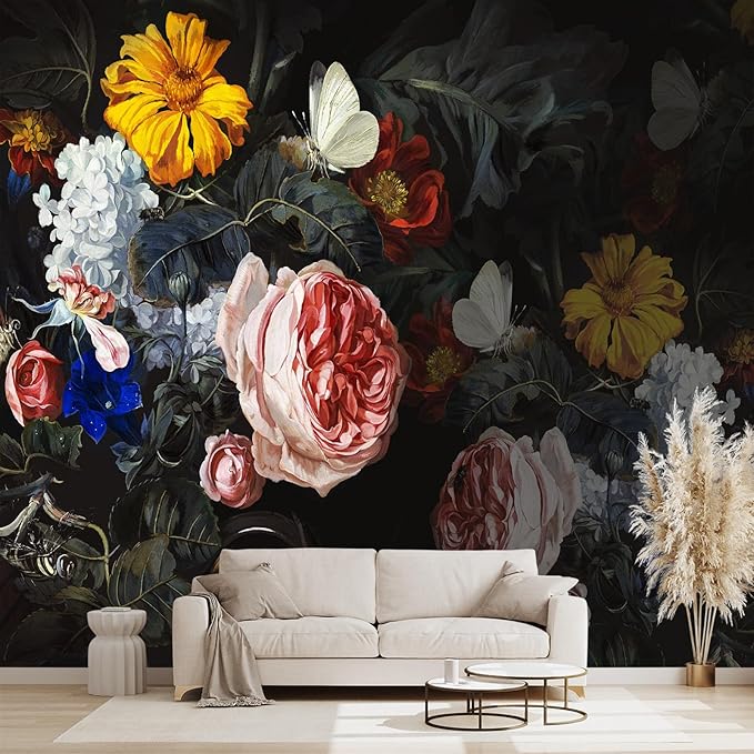 Black Floral Wall murals Peel and Stick Flowers Wallpaper for Bedroom Living Room - 85"x118"