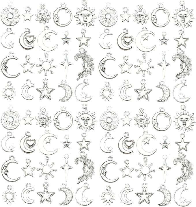 WOCRAFT 60pcs Bright Silver Sun Moon Star Bracelet Charms for Jewelry Making Sets DIY Necklace Bracelet Keychain Crafting Charms Kit Craft Supplies (SN837)
