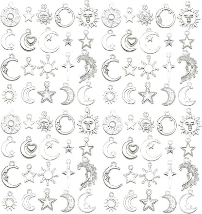 WOCRAFT 60pcs Bright Silver Sun Moon Star Bracelet Charms for Jewelry Making Sets DIY Necklace Bracelet Keychain Crafting Charms Kit Craft Supplies (SN837)