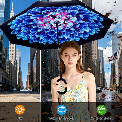 Inverted Umbrella, 49 Inch Double-Layer Vented Reverse Umbrella, Windproof Waterproof UV Protection, Lightweight C-Handle, Fiberglass Ribs, Steel Shaft, Travel/Commute/Car Use, With Sleeve