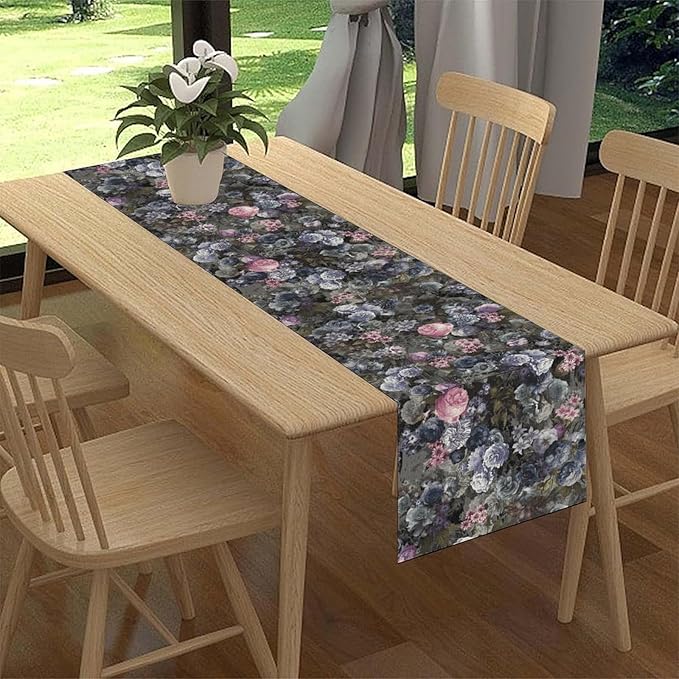 Vintage Floral Table Runner, Gothic Pink Blue Floral Boho Flower Garden Botanical Spring Seasonal Print Table Center Decor for Family Kitchen Table Decorations Indoor Outdoor 13x36 inch