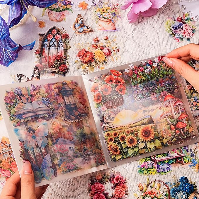 Floral Stickers Set,30 Sheets Purple Waterproof PET Clear Flower Stickers for Scrapbooking Journaling Bullet Journal Junk Journal Supplies