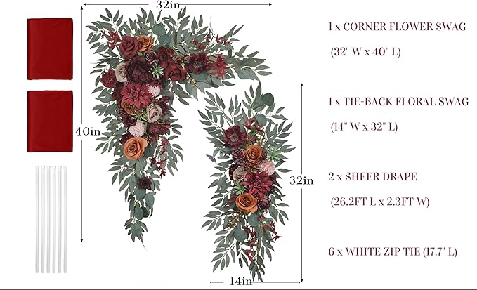 Ting's time Artificial Wedding Arch Flowers Kit(Pack of 4) 2pcs Large Blush Artificial Flower Swags with 2pcs Draping Fabric for Wedding Party Ceremony Decoration(Burgundy)