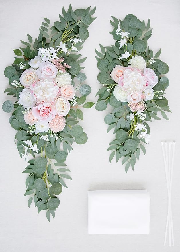 ponatia Artificial Wedding Arch Flowers with 26Ft Arch Draping Fabric, Pink Wedding Flowers for Wedding Welcome Signs Floral Decorations and Wedding Reception Ceremony Decor (Blush Pink & Ivory)