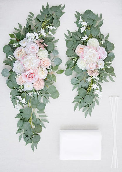 ponatia Artificial Wedding Arch Flowers with 26Ft Arch Draping Fabric, Pink Wedding Flowers for Wedding Welcome Signs Floral Decorations and Wedding Reception Ceremony Decor (Blush Pink & Ivory)