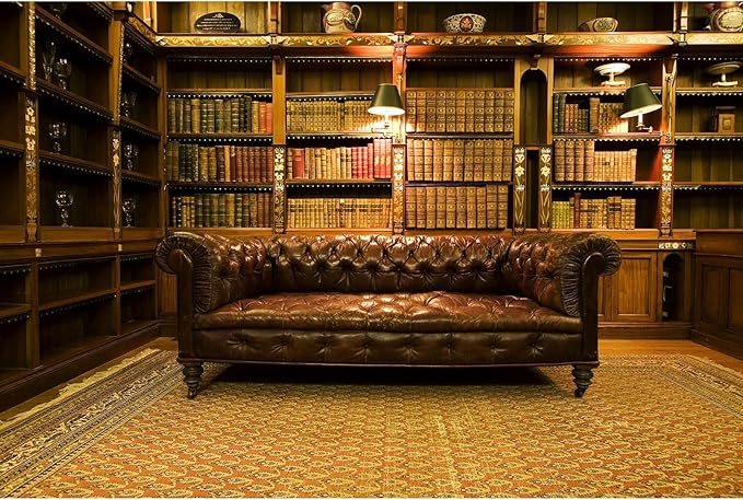 Library Backdrop Vintage Luxury Old School Library Bookshelf Collection Photography Background Business Room with Leather Sofa Book Shelf Wallpaper Decorations for Adult Photos Prop 20x10ft