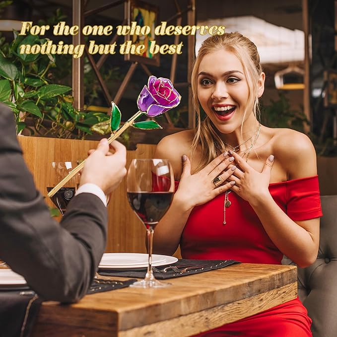 Mikasol Real 24K Gold Dipped Realistic Rose – Timeless Lifelike Bloom with Heart Puzzle Base – Romantic Purple Flower Gift for Her, Wife, Girlfriend, Mom – Birthday, Anniversary, Mother’s Day (Purple)