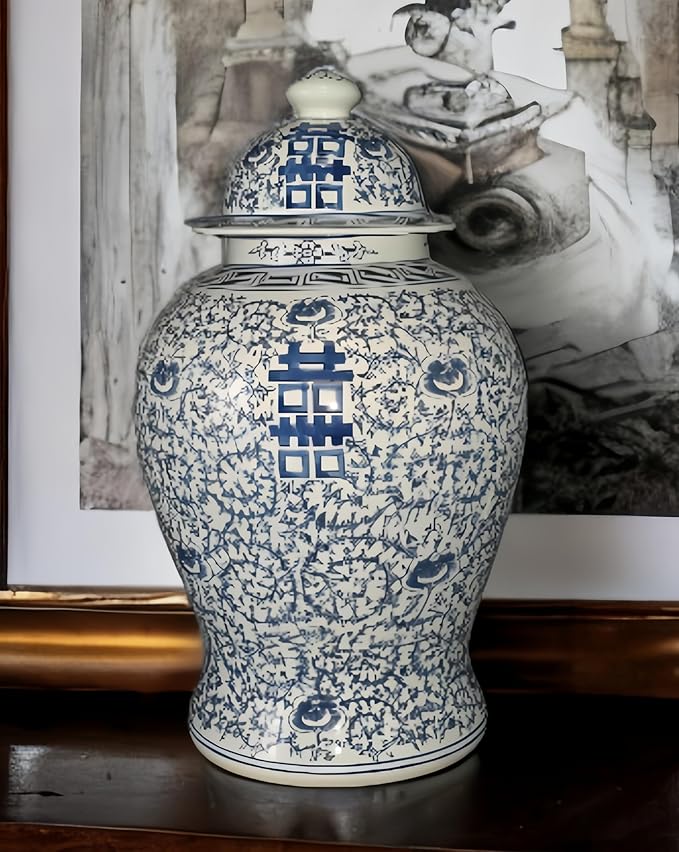 Festcool 19 inch Antique Like Blue and White Porcelain Temple Vase Jar Double Happiness Jingdezhen China (J8) Blue White 19*11*11 inches