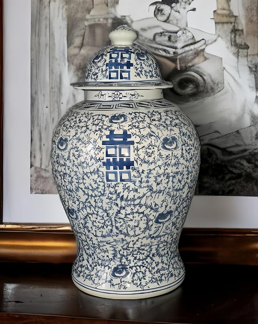 Festcool 19 inch Antique Like Blue and White Porcelain Temple Vase Jar Double Happiness Jingdezhen China (J8) Blue White 19*11*11 inches