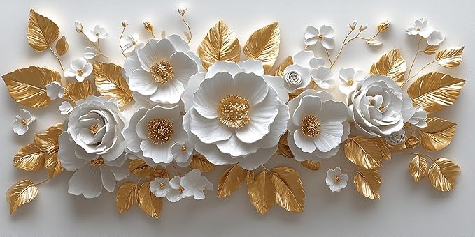 IDAFU Flower Wall Art White Foral and Golden Leaves Wall-décor White Wall Art Floral Painting Pictures for Living Room Bathroom Bedroom Kitchen Office Cuadros Decorativos Para Sala Decor 30L x 16W