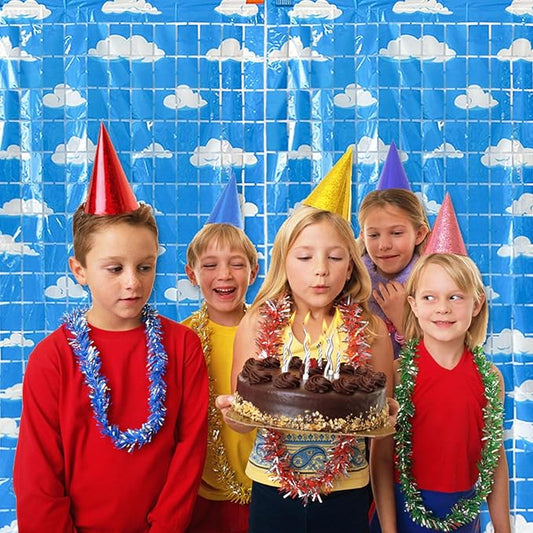 Blue Sky White Clouds Birthday Party Decorations 2 Pack Clouds Foil Fringe Curtains 3.28 x 6.56Ft Cartoon Story Tinsel Streamers Curtain Backdrop Birthday Baby Shower Cloud Theme Photo Booth Backdrop