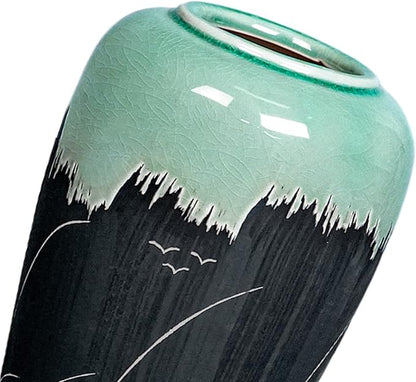 Black and Green Vase, 8 Inch Green Ceramic Vase with Textured Crackle Glaze, Modern Farmhouse Vases for Home Decor, Rustic Centerpiece for Living Room, Bathroom