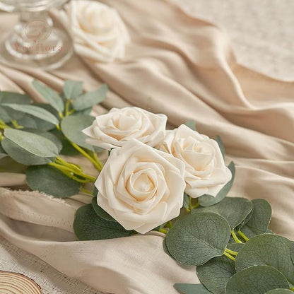 Artificial Flowers, 50pcs Artificial Rose for DIY Wedding Bouquets Centerpieces Arrangements, Champagne Foam Rose with Stem for Bridal Shower Party Home Decorations