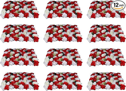 12PCS Flower Wall Panels, 3D Silk Floral Wall Backdrop, Realistic Red Rose Flower Backplanes, Roll Up Fake Flower Background for Valentines Wedding Party Home Decoration